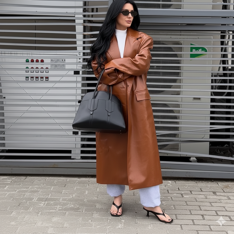 Casaco Longo de Couro Caramelo + Look Conforto Elegante