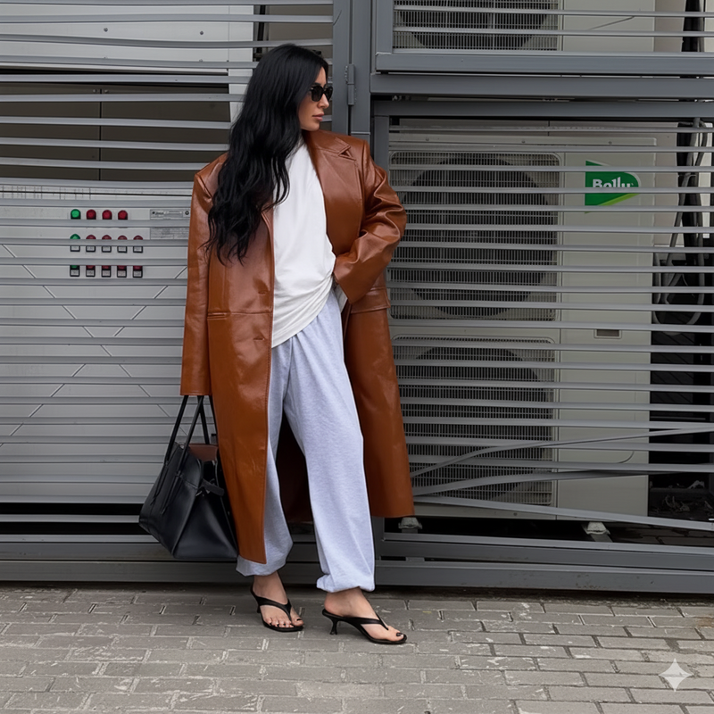 Casaco Longo de Couro Caramelo + Look Conforto Elegante