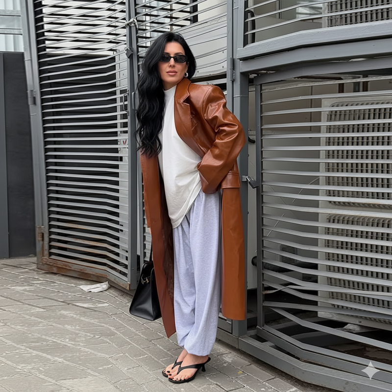 Casaco Longo de Couro Caramelo + Look Conforto Elegante