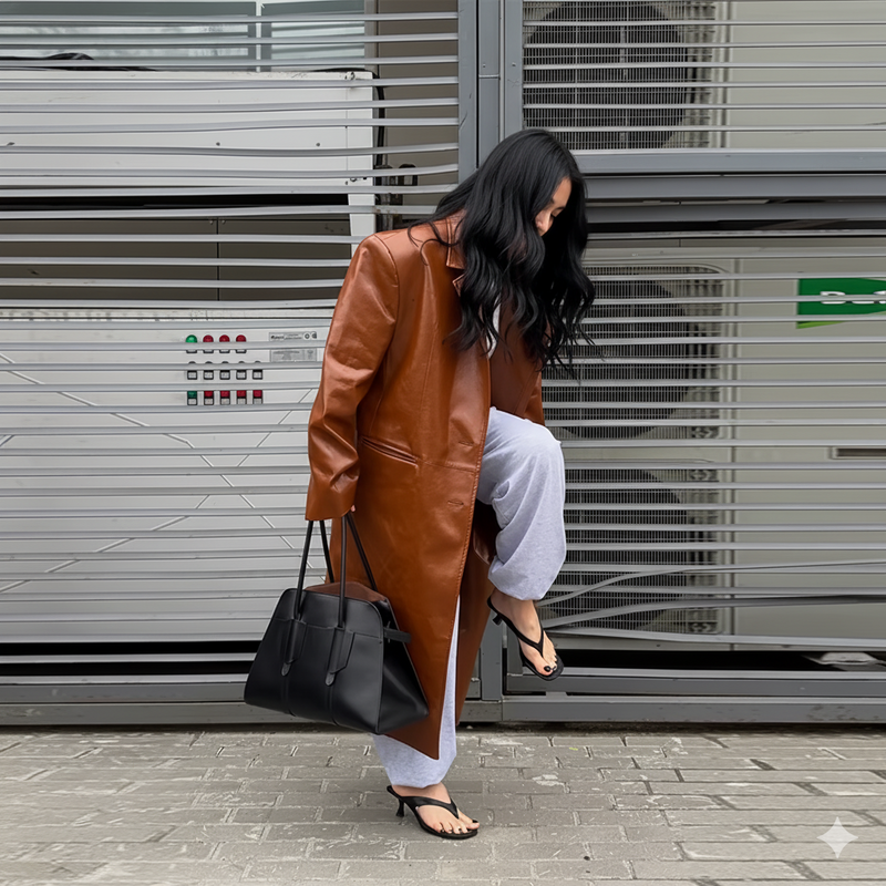 Casaco Longo de Couro Caramelo + Look Conforto Elegante