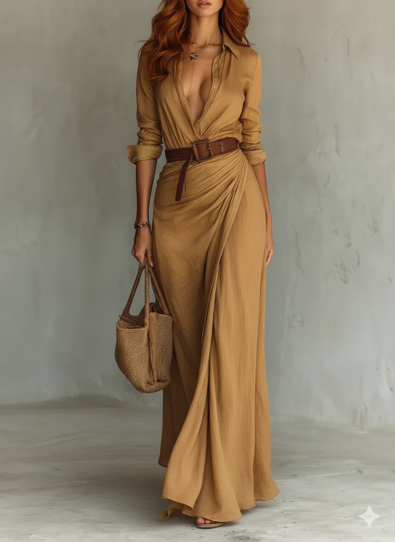 Vestido Longo Feminino – Decote V Profundo e Elegância Incomparável