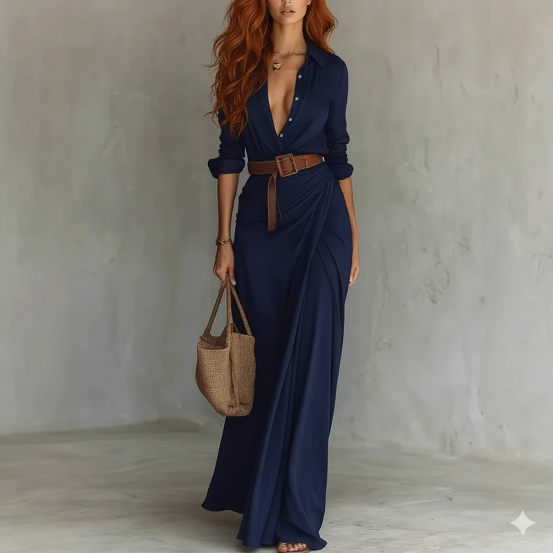 Vestido Longo Feminino – Decote V Profundo e Elegância Incomparável